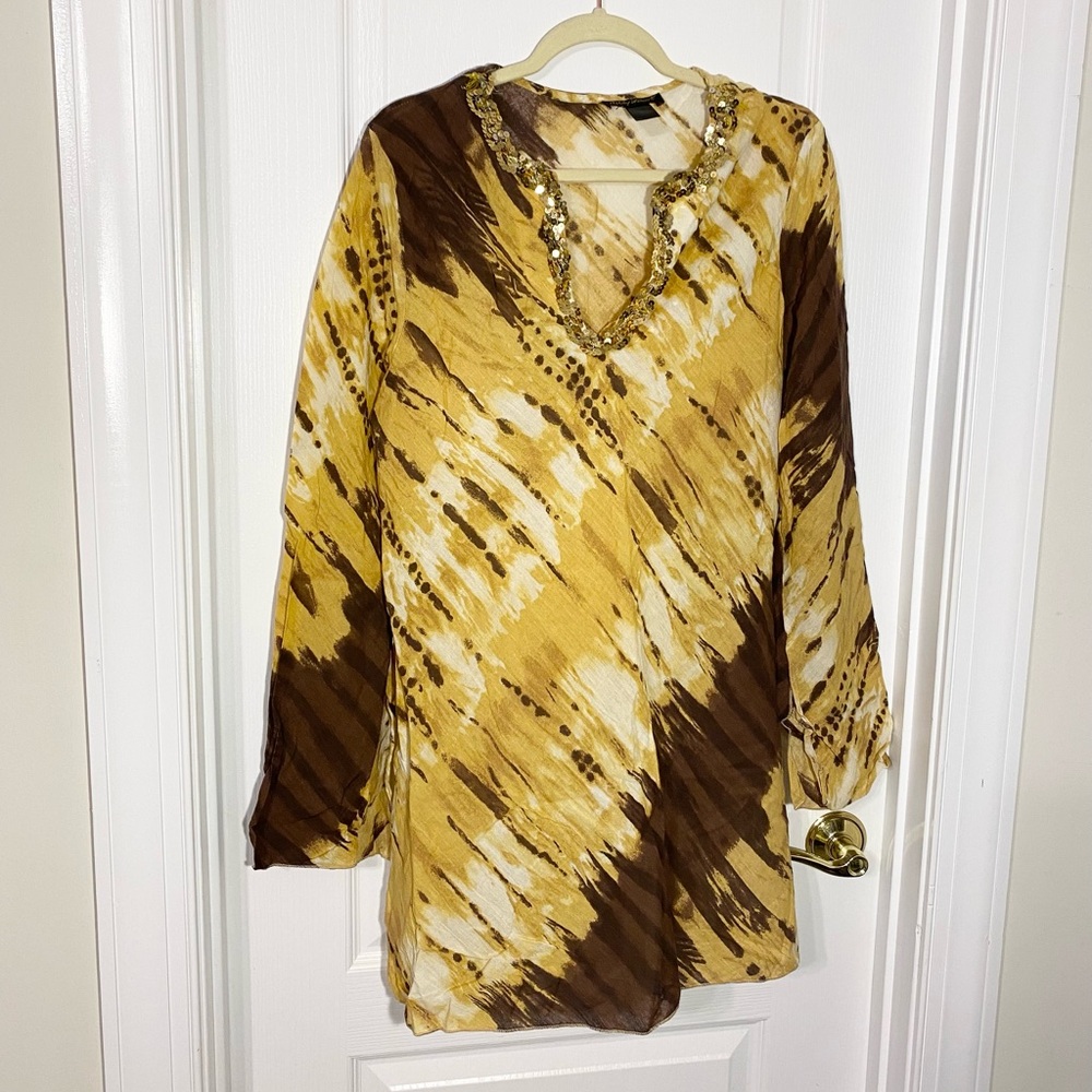 Y2K Ashley Stewart Gold Sequin Trim Split Neck Tunic Top Brown Tan Cream XL